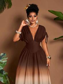 Eryvara Đầm maxi chữ A thắt nơ cổ chữ V họa tiết ombre lãng mạn thanh lịch dành cho nữ, thiết kế đa năng cho các buổi đi chơi, bãi biển, lễ hội âm nhạc, trang phục dự tiệc cưới tốt nghiệp cho khách mời, phong cách công sở thường ngày Boho, thắt nơ eo đàn hồi, du lịch nghỉ dưỡng, váy maxi chữ A mùa xuân/hè/thu - Cà phê - Xem 6