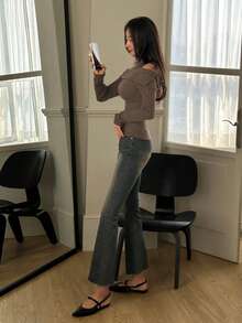 DAZY Women's Solid Color Off-Shoulder Fitted Fashion T-Shirt, Coffee Brown, Spring/Autumn Long Sleeve Top