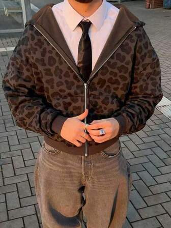 Manfinity 大码女式豹纹落肩长袖拉链休闲连帽运动衫