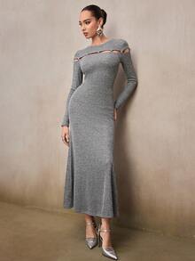 Modelyn Women's Gray Fashion Design Round Neck Long Sleeve Dress - Light Grey - View 7