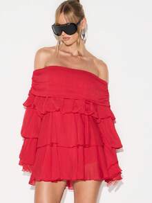 KIZN Off Shoulder Tiered Ruffle Mini Dress With Long Sleeves For Party Evening Occasions - Red - View 4