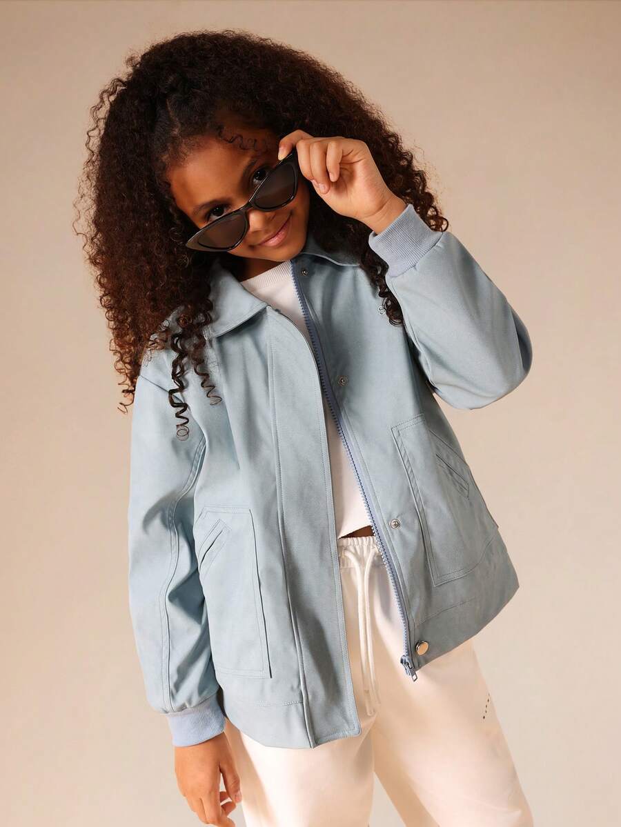 SUMWON Tween Puffer Jacket With Ribbed Collar And Cuffs Light Blue Quilted Winter Outerwear - Baby Blue - View 1