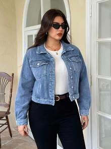 EMERY ROSE Chaqueta vaquera de manga larga con botones delanteros y forro térmico de unicolor para tallas grandes - Lavado ligero - Ver 7