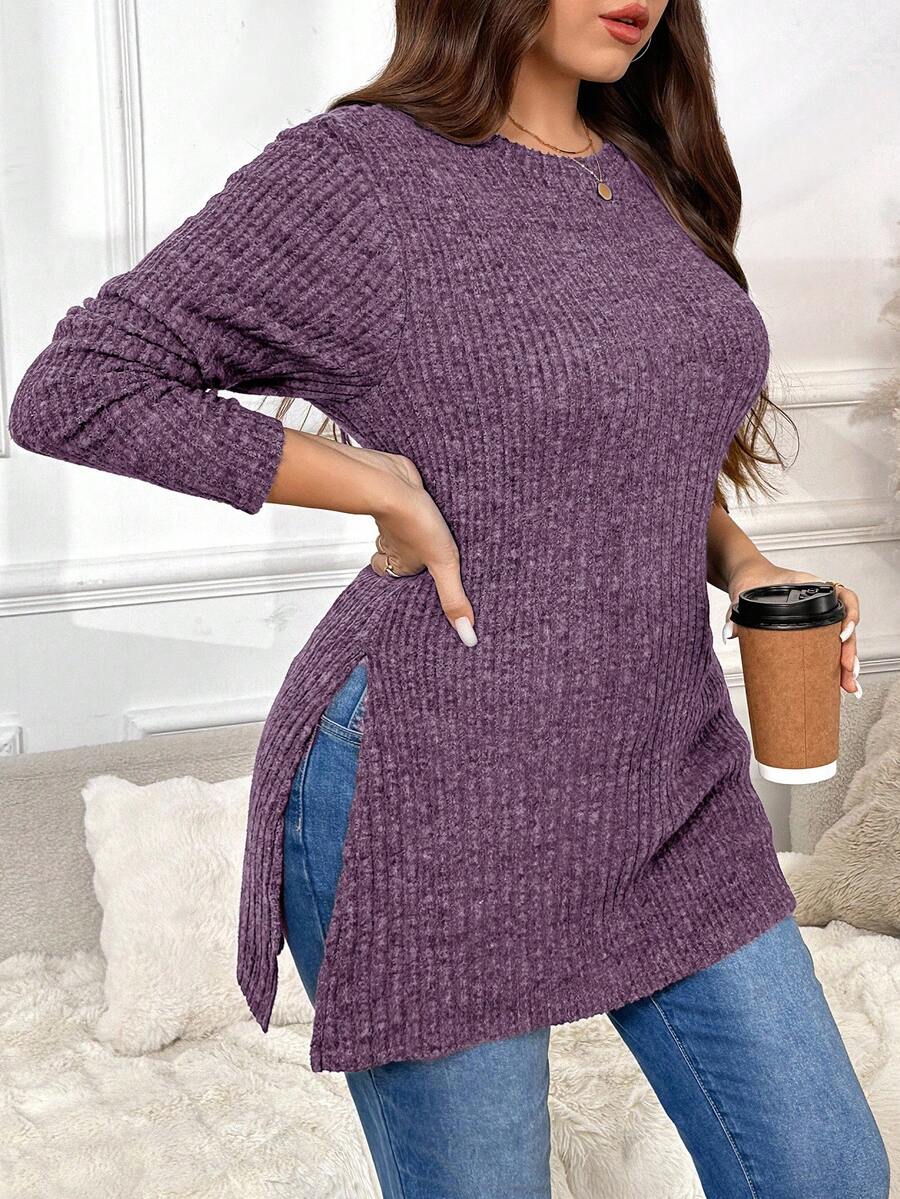 SHEIN Frenchy Plus Size Women's Solid Color Round Neck Side Slit Long Sleeve Casual T-Shirt - Purple - View 1