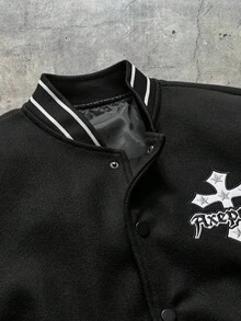 AXEPEAK 男士秋季字母与十字图案长袖单排扣休闲棒球夹克，适合秋冬 - 黑色 - 查看 4