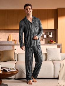 Manfinity Underwear&Sleepwear Basics Bộ đồ ngủ tay dài cài nút và quần dài cỡ lớn cho nam - Xám - Xem 4