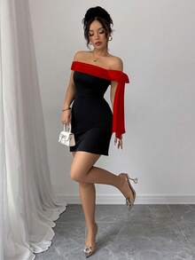 Rafferiza Váy ngắn hở vai thắt eo thắt nơ thanh lịch dành cho nữ, mùa hè - Đỏ và đen - Xem 5