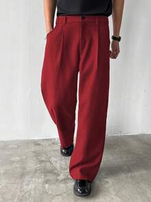 Claim Dot 男士休闲纯色斜口袋加厚阔腿裤，秋季 - 紅色 - 查看 6