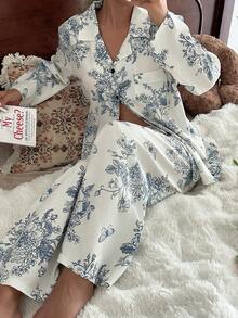 CottageSlumber Bộ đồ ngủ dài tay họa tiết hoa lãng mạn dành cho nữ và quần dài, trang phục thu đông - Nhiều màu - Xem 5