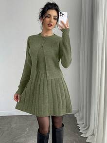 Elenzga Conjunto de 2 piezas de mujer con cárdigan de botones de unicolor elegante y vestido de suéter para otoño/invierno - Verde - Ver 5