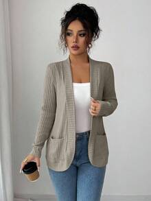 SHEIN PETITE 女式休闲罗纹羊毛开前侧口袋短款轻便夹克 - 灰色 - 查看 6