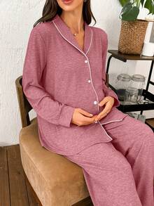 Moonlight&Mama Bộ đồ ngủ 2 món thoải mái, tay dài cổ viền tương phản Moonlight & Mama dành cho nữ, mùa đông - Đỏ - Xem 6