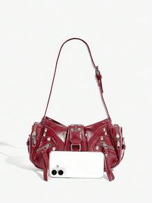 SHEIN ICON Quý cô, Túi đeo vai nữ, Túi Hobo, Thời trang, Cá nhân hóa, Đơn giản, Đa năng, Đường phố, Những cô gái ngọt ngào và sành điệu, Những cô gái nóng bỏng, Y2k, Đinh tán, Phong cách Biker, Punk, Đỏ - Màu Đỏ Sâu - Xem 6