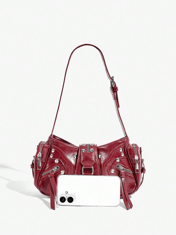 SHEIN ICON 女士单肩包，流浪包，时尚，个性，简约，百搭，街头风，甜美酷炫女孩，辣妹，千禧一代，铆钉，机车风，朋克，红色 - 酒紅色 - 查看 6