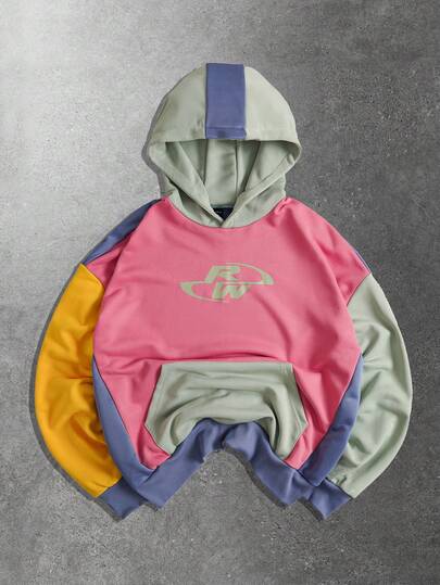 Street Life sweat-shirt à capuche ample pour hommes avec imprimé lettres, manches longues, poche, couleurs contrastées et patchwork