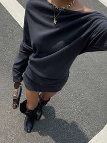 Muchica 女式秋季新款深灰色羊毛斜领长袖紧身连衣裙