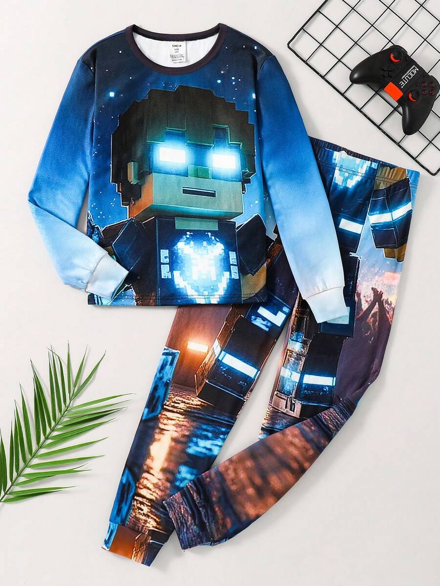SHEIN 2 件套青少年男孩舒适机器人印花圆领长袖 T 恤和裤子柔软舒适睡衣套装