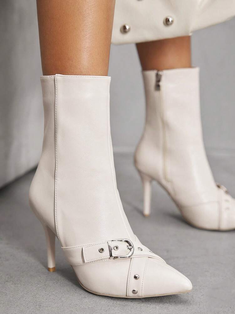 CUCCOO SZL Women's Pointed Toe Stiletto Buckle Sexy Elegant Fashion Mid-Calf Boots