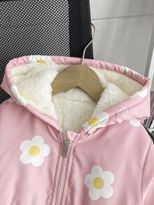 Elladie kids Abrigo acolchado con capucha con cremallera para niñas jóvenes en invierno, abrigo acolchado con bolsillo en la cintura, estampado floral grueso y elegante - Rosa - Ver 6