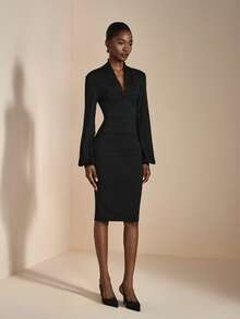 JIAN LASALA 黑色褶裥主教长袖V领优雅中长连衣裙，女士秋冬奢华时尚服饰系列，适合婚礼宾客穿着。 - 黑色 - 查看 1