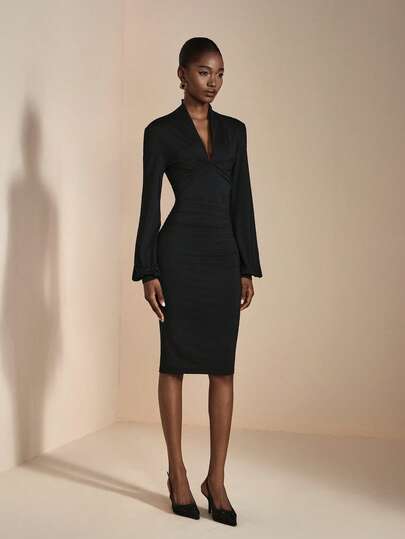 JIAN LASALA Abito midi elegante con maniche a sbuffo, scollo a V, plissettato, in colore nero tinta unita, collezione di abbigliamento di lusso e di stile per donne in autunno e inverno