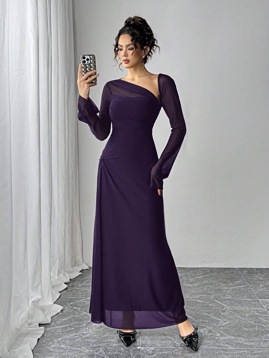 秋季女士网纱修身长袖腰部褶皱不对称领口A字下摆长连衣裙度假吊带裙 - 紫色 - 查看 1