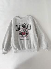 SHEIN Tween Girl 舒适休闲简约标语印花超大圆领长袖连帽衫和修身运动裤套装，适合居家和户外穿着，灰色服装 - 淺灰色 - 查看 5
