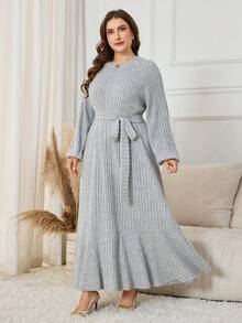 Lacomfia 大码女式针织长袖圆领休闲长裙，秋冬 - 灰色 - 查看 3