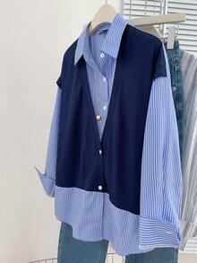 Elamini Women's Autumn/Winter 2 In 1 Navy Blue Knit Vest & Striped Long Sleeve Shirt