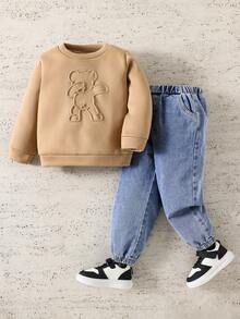 SHEIN 2 件套儿童男童休闲百搭舒适圆领宽松运动衫和牛仔长裤套装 - 彩色 - 查看 2