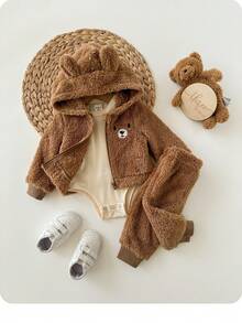 SHEIN 新生儿三件套保暖加厚长袖连体衣、卡通耳朵连帽外套和裤子 - 棕色 - 查看 3