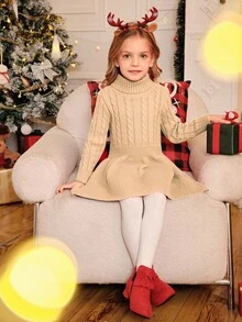 Elladie kids 女童（小）A字高领针织连衣裙 - 卡其色 - 查看 3