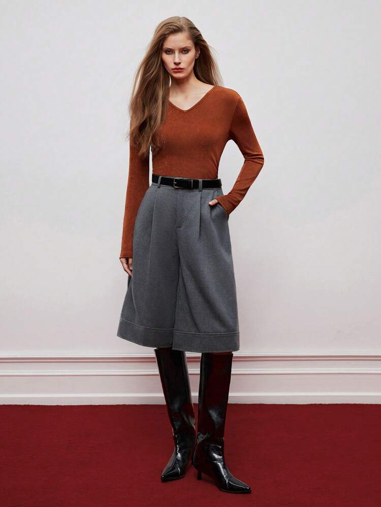 SHEIN Maija Grey Pleated Woolen Trousers For Women, Loose Straight Leg, Minimalist Modern Casual Versatile Maija Fall Winter 2025 Women Christmas Women's Clothing Chic Pants For Women  Stylish Clothing Collection Christmas Clothes Christmas