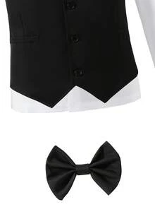 SHEIN Set de 2 piezas Conjunto de caballero para adolescentes - Chaleco negro slim fit + Pantalones texturizados + Tirantes + Pajarita, Traje formal elegante para cumpleaños, boda, invitado de boda, paje, portador de anillos - Negro - Ver 8