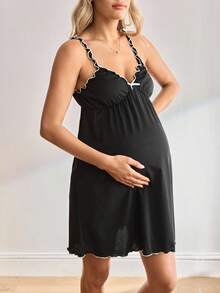 Moonlight&Mama Casual Basic Fashion Bowknot Decor Ruffle Trim Maternity & Nursing Nightgown - Black - View 4