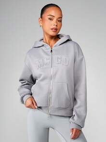 MISSGUIDED Áo hoodie có khóa kéo toàn thân vừa vặn thoải mái, có dây rút và túi ở giữa, tạo sự thoải mái khi mặc thường ngày - Xám - Xem 4