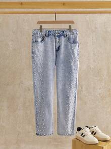 HIMLAND Men's Fashionable Studded Light-Colored Denim Jeans - أزرق فاتح - مشاهدة 6