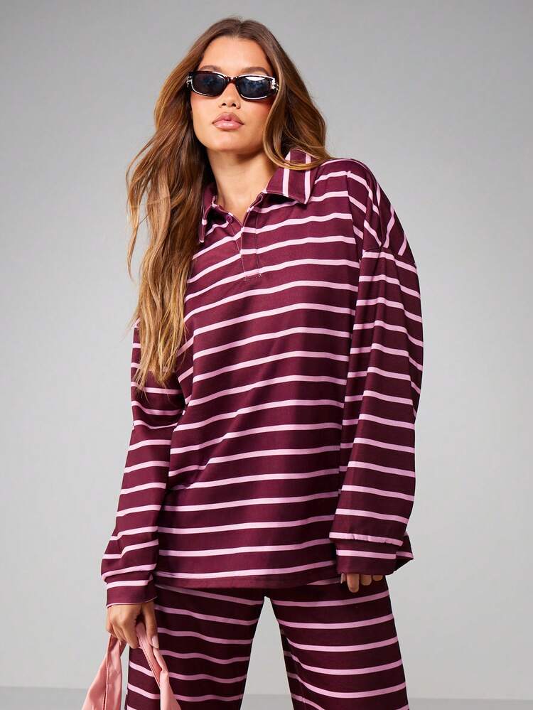 MISSGUIDED 스트라이프 럭비 스웨트셔츠 긴소매 칼라 풀오버 가을 겨울 캐주얼 탑