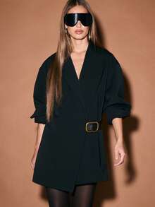 KIZN Vestido blazer de manga larga con escote en V profundo y detalle de cinturón en la cintura para ocasiones formales de oficina y fiestas - Rojo cereza - Ver 1