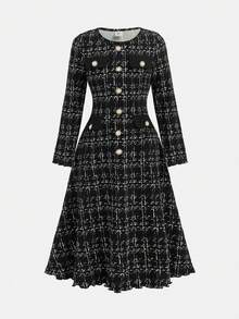 Tween Girl Autumn/Winter Color Block Splice Elegant Fitted A-Line Button Decor Long Dress, Black - Coffee - View 2