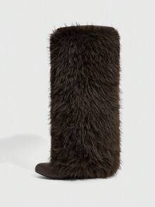 CUCCOO SZL 女士时尚人造毛皮尖头过膝靴 - 咖啡棕 - 查看 6