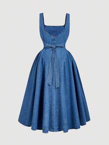 SHEIN MOD Plus Size Women's Square Neck Ruffle Denim Sleeveless Dress