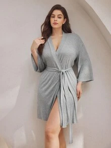 Ocili 柔软、有弹性、舒适的罗纹棉质睡袍，宽松睡衣，加大码，秋季 - 灰色 - 查看 6