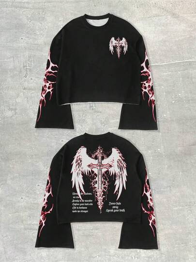 Street Life قميص T قصير بياقة مستديرة وأكمام متسعة، بطبعة صليب إبداعية وأنيقة للشارع