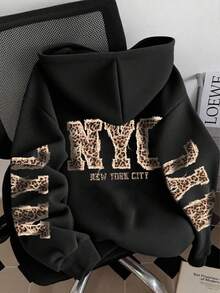 EMERY ROSE 大码女式豹纹字母印花休闲宽松卫衣，秋冬款