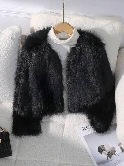 SHEIN Sparklyn Girls Casual Faux Fur Jacket, Cute & Fashionable Style, White Fluffy Comfortable, Suitable For Spring, Summer, Autumn, Ideal For Outings, Shopping, Parties
