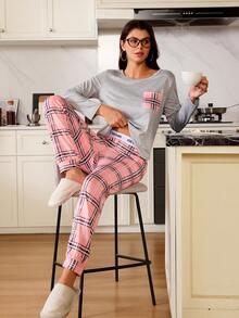 Plaid Print Pocket Patched Top & Pants PJ Set / Pajama Set, Fall Clothes Cozy And Elegant Details, Winter