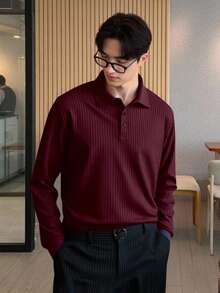 Manfinity Homme 男士纯色纽扣休闲百搭长袖Polo衫，秋季款 - 酒紅色 - 查看 3