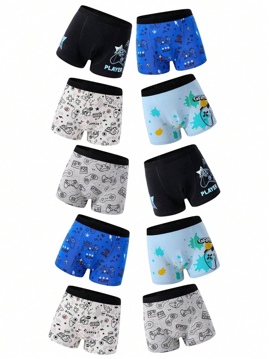 10pcs/Pack Boys' Colorful Gaming Print Cotton Boxer Briefs