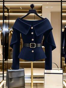 Franclia Áo khoác ngoài ngắn tay dài cổ bèo nhún cho nữ, mùa đông - Màu xanh hải quân - Xem 1